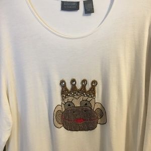 Chico's Additions Whimsical Embroidered Crystals Sock Monkey Queen Soft Sz 1 M